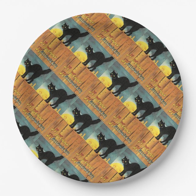 Pratos de Papel Preto para Festa de Halloween Vint (Frente)