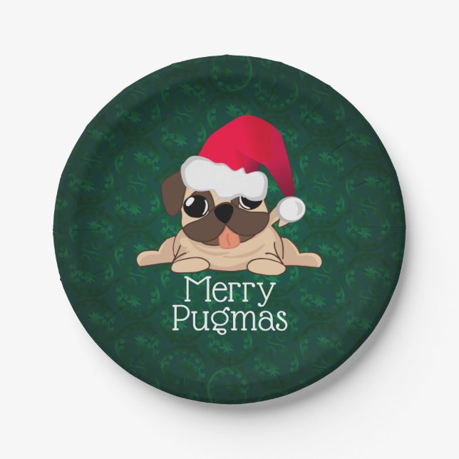 Pratos de papel Pug de Natal 7" (Frente)