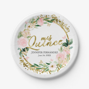 Pratos de Papel Quinceanera Borboleta Rosa Floral