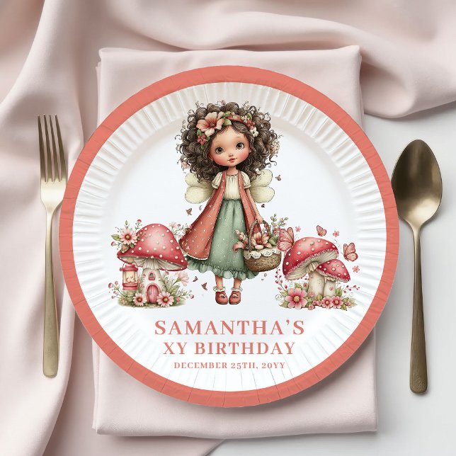 Pratos de Papel Rosa Bege Fada Alegre Aniversário  (Joyful Fairy 7th Birthday Blush Pink Paper Plates)