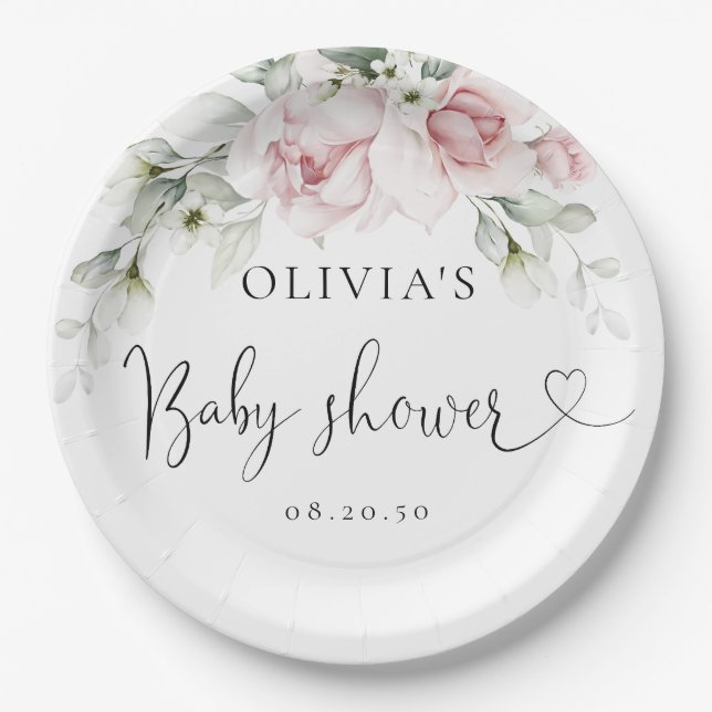 Pratos de Papel Rosa Bege Floral para Chá de Bebê (Frente)