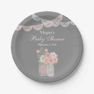 Pratos de Papel Rosa Cinza Sweet Mason Jar Baby Sh