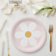 Pratos de papel rosa claro boho retro margarida