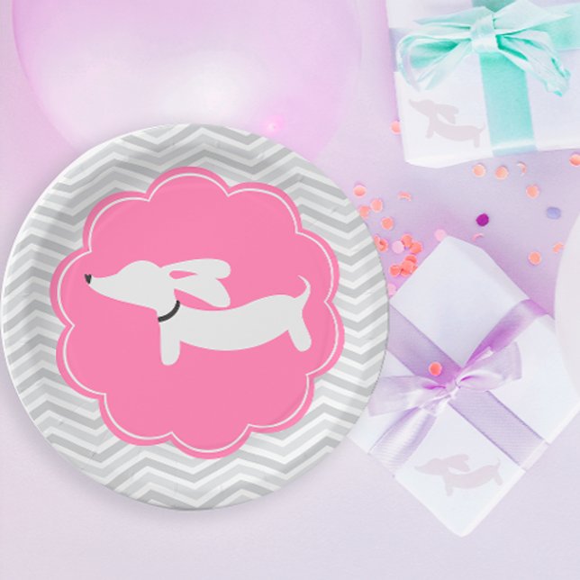 Pratos de Papel Rosa Dachshund Chácara de Bebê (Dachshund pink party - baby showers, kids birthday parties and wiener dog bridal showers)