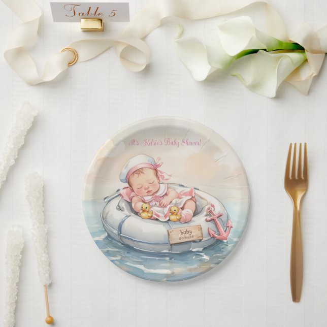 Pratos de papel rosa de marinheira bebê (Casamento)