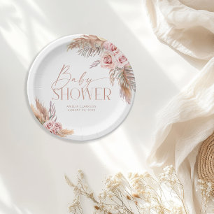 Pratos de Papel Rosa Dourado Pampas Floral Boho