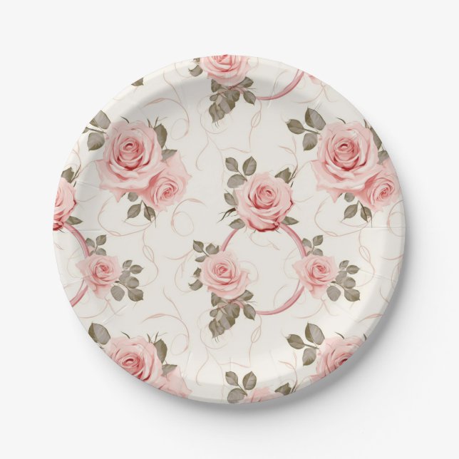 Pratos de Papel Rosas Rosa Bege (Frente)