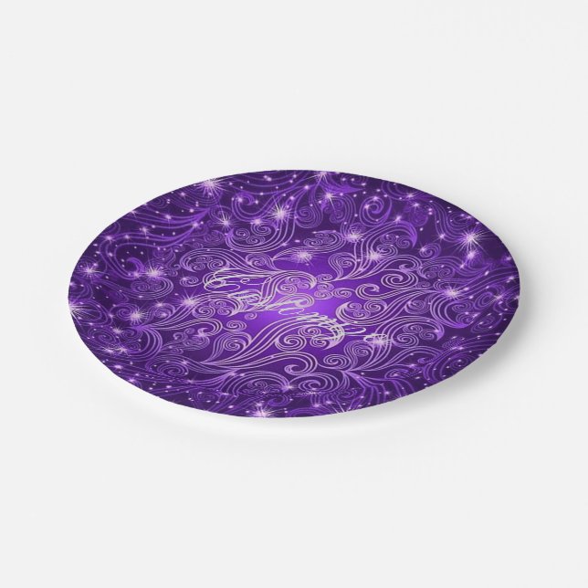 Pratos de Papel Roxo Celestial com Redemoinhos e E (Inclinado)