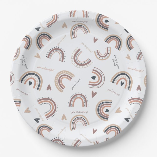 Pratos de Papel Tema Arco-Íris Boho Afirmação (Frente)