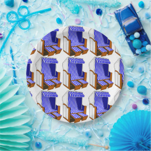Pratos de Papel Tema Cadeiras de Praia Azul e Bran
