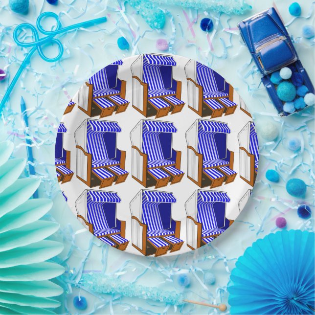 Pratos de Papel Tema Cadeiras de Praia Azul e Bran (Festa)
