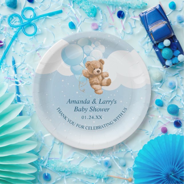 Pratos de Papel Urso de Pelúcia com Balões Azuis (Festa)