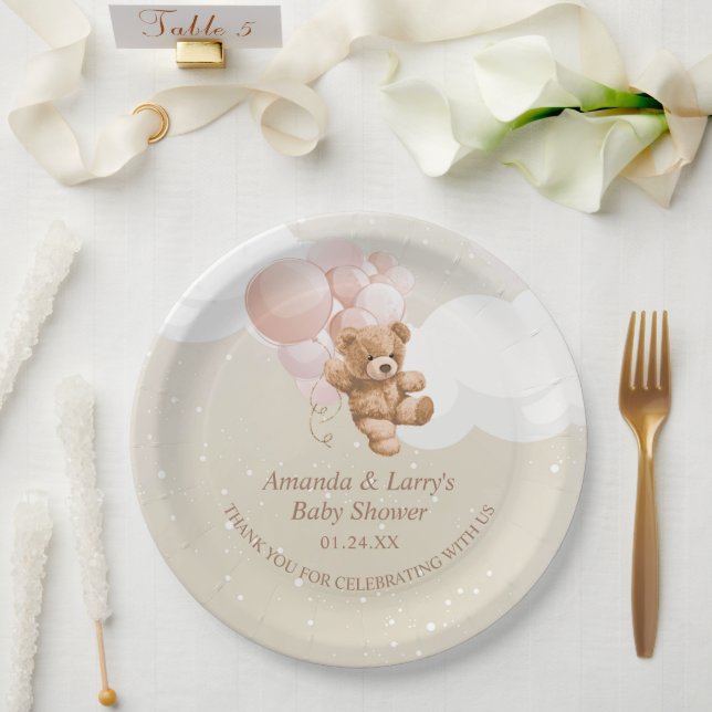 Pratos de Papel Urso de Pelúcia com Balões Cor-de- (Casamento)