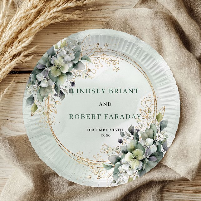 Pratos de Papel Verde Dourado Eucalipto Aquarela (Watercolor Green Gold Eucalyptus Paper Plates)