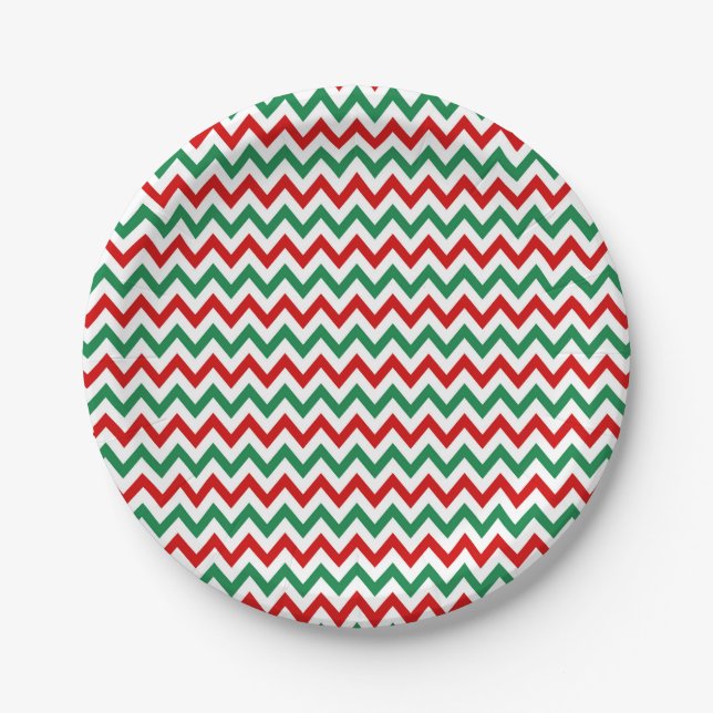 Pratos de Papel Vermelho e Verde Chevron Natal (Frente)