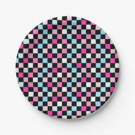 Pratos de Papel Xadrez Azul e Rosa Vintage