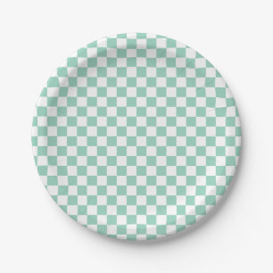 Pratos de Papel Xadrez Branco e Azul Claro Fofo