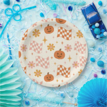 Pratos de Papel Xadrez Groovy Retro de Halloween