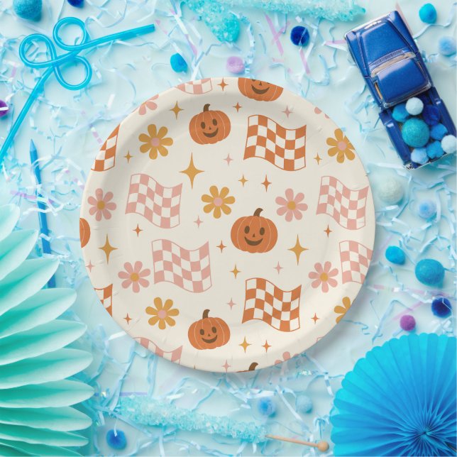 Pratos de Papel Xadrez Groovy Retro de Halloween (Festa)