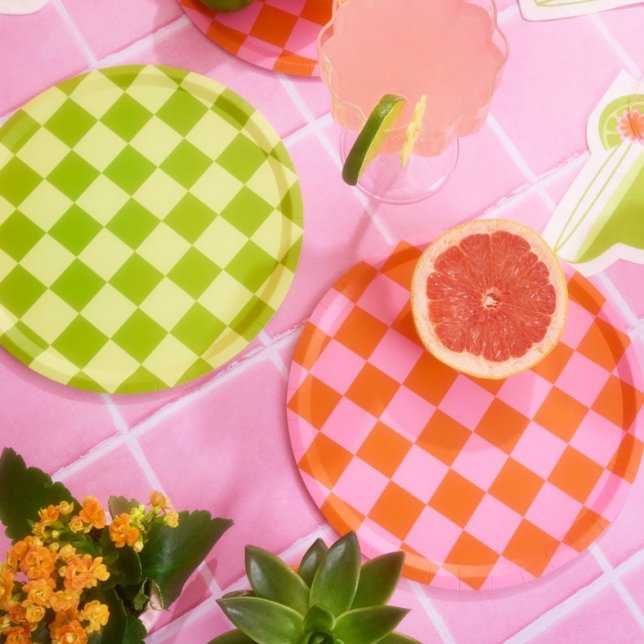 Pratos de Papel Xadrez Rosa e Laranja para Festa (Criador carregado)