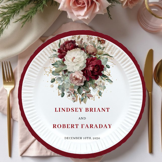 Pratos Dourados com Flora Verde-escura Premium (Premium Maroon Floral Greenery Gold Plates)