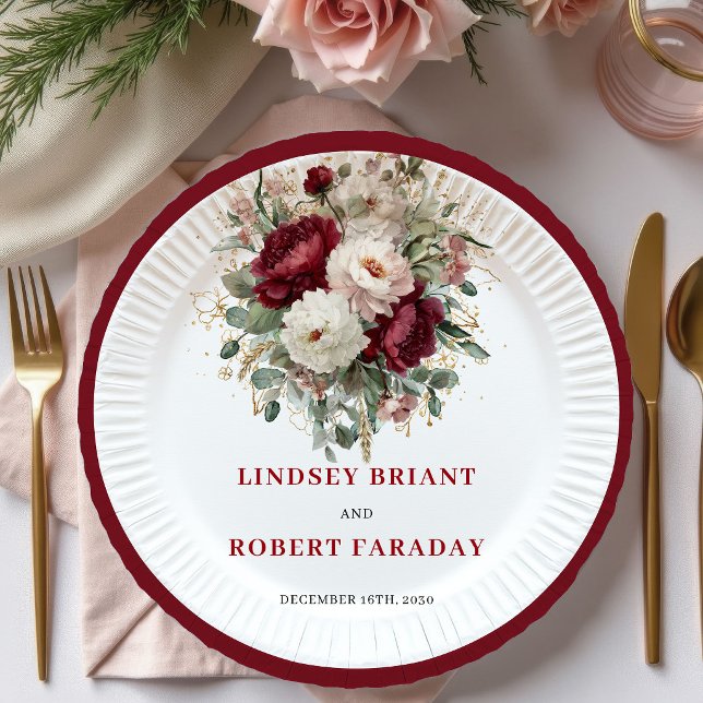 Pratos Dourados Florais Boho Luxo Borgonha (Luxury Boho Burgundy Floral Gold Plates)