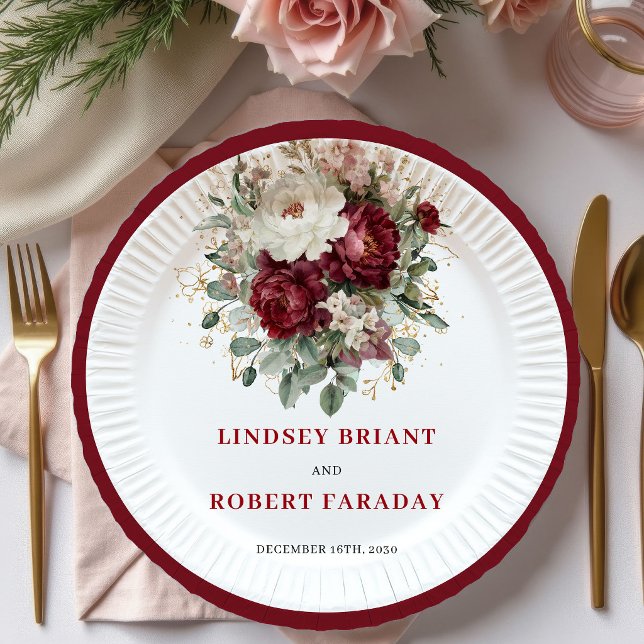 Pratos Dourados Florais de Marsala Designer com Eu (Designer Marsala Floral Eucalyptus Gold Plates)