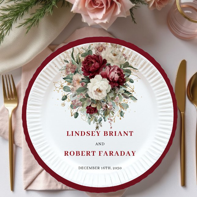 Pratos Florais Boho Sofisticados Dourados Marsala (Sophisticated Marsala Boho Floral Gold Plates)