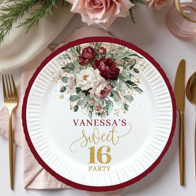 Pratos Florais Rosa Bege e Borgonha Sweet 16 Moder (Trendy Sweet 16 Blush Burgundy Floral Plates)
