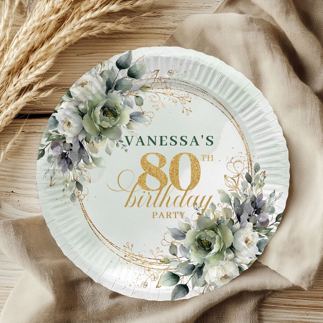 Pratos para Evento de 80º Aniversário em Verde Emp (Botanical Dusty Green 80th Birthday Event Plates)