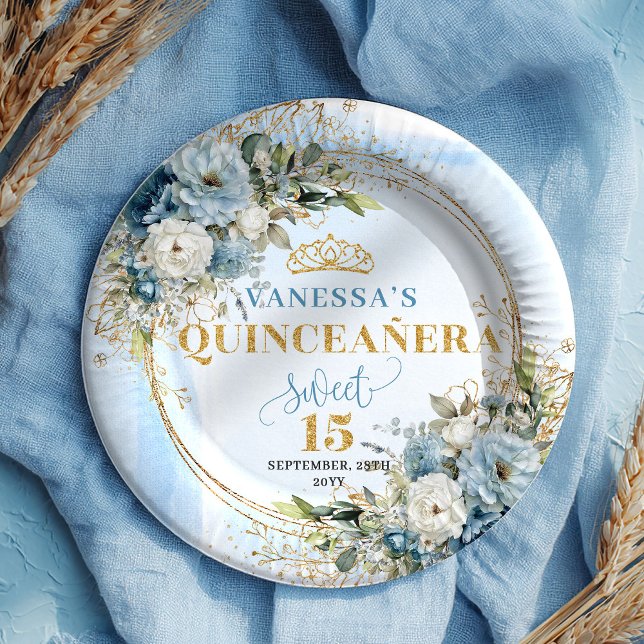 Pratos Personalizados com Glitter Dourado e Floral (Dusty Blue Floral Gold Glitter Personalized Plates)