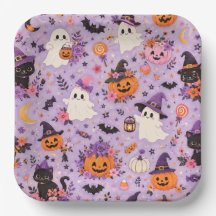 Pratos Quadrados de Papel de Halloween Fofos