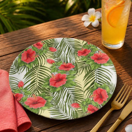 Pratos Redondos de Papel Folhas Tropicais & Hibisc