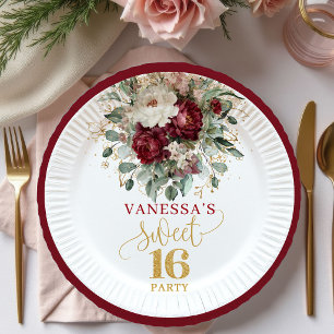 Pratos Rosa Burgundy Dourado Luxuoso Sweet 16