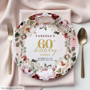 Pratos Vintage Boho Rosa Borgonha Dourado Rosas