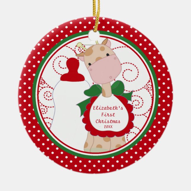 Precioso Giraffe Bebê Primeiro Ornamento de Natal (Frente)