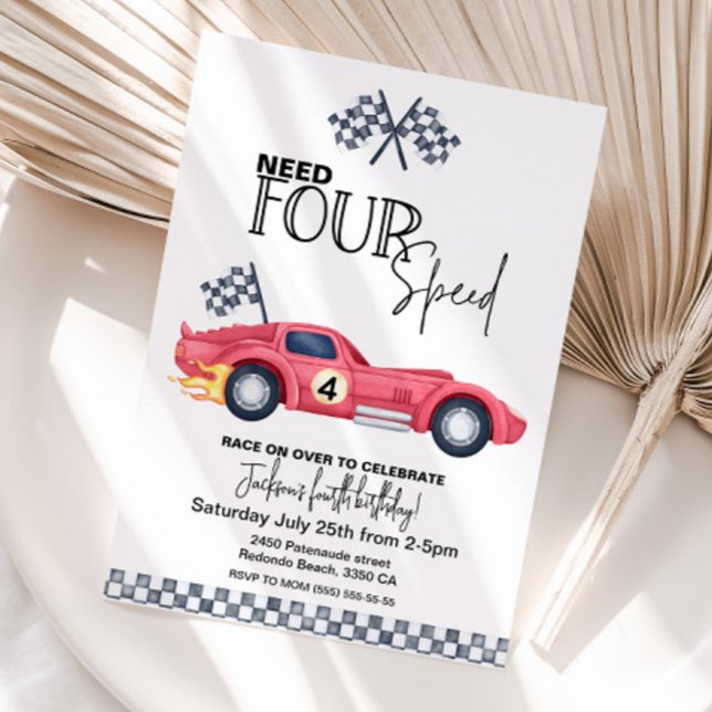 Precisa de quatro convites de aniversário de veloc (Red Race Car invitation - Need FOUR Speed - 4th birhtday invitation)