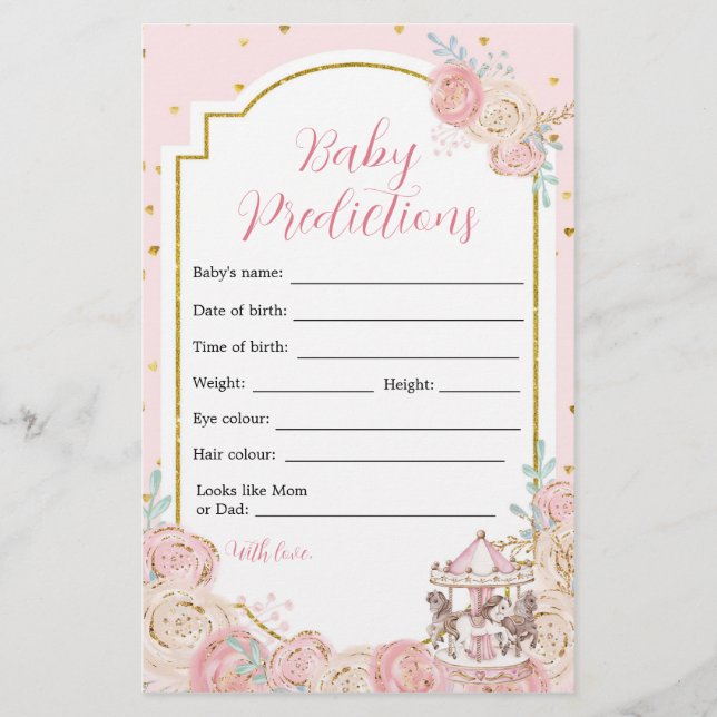 Predições de Bebê Carrossel Mágico, rosa e Dourada (Frente)