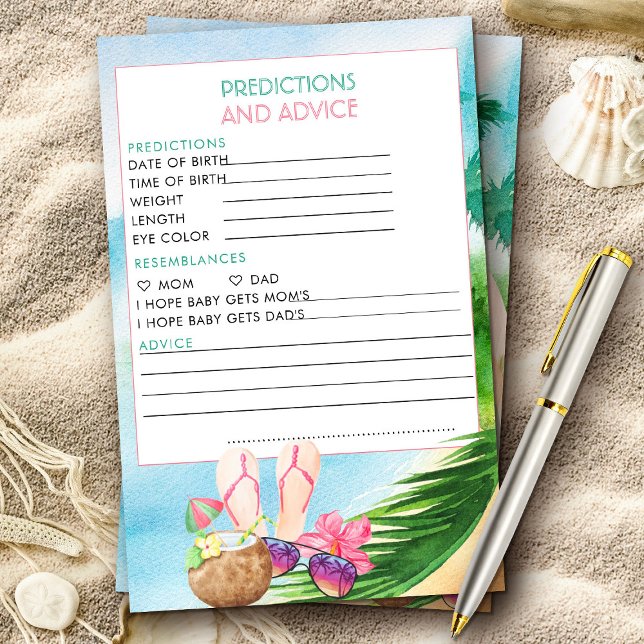 Predições de Summer Beach e Cartão de Aviso (Baby shower activity with tropical beach surfing theme from my Baby on Board baby shower collection)