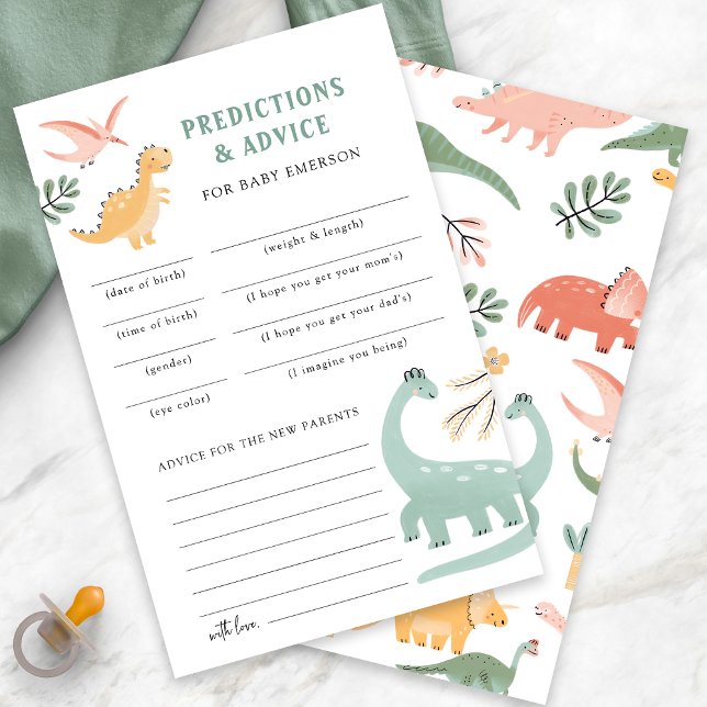 Predições e conselhos do dinossauro (Dinosaur Theme Baby Shower Predictions and Advice Card by Painted Paperie
)