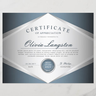 Prêmio de Certificado de Prata Metálica Azul Suave