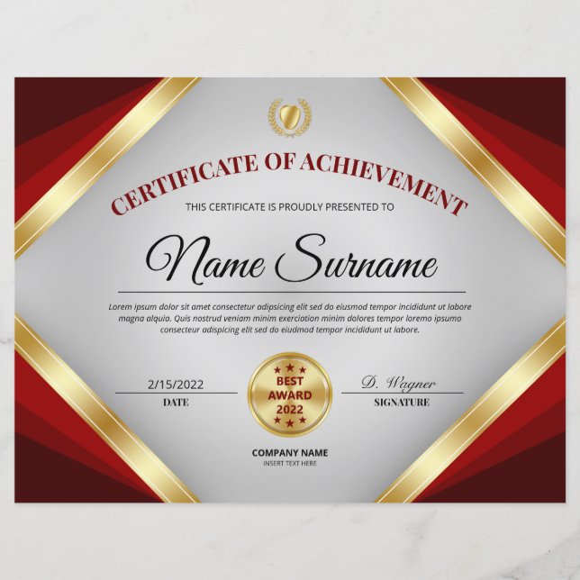 Prêmio de desempenho de certificado profissional (Frente)
