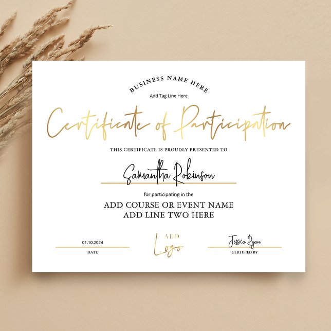 Prêmio de negócios Dourado do certificado de parti (Elegant white and gold Certificate of Participation with space for your logo and custom text)
