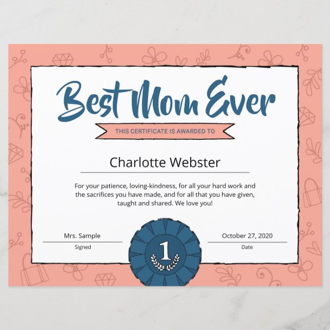 Prêmio Dia da Mãe da Melhor Mãe Nunca Certificado  (Frente)