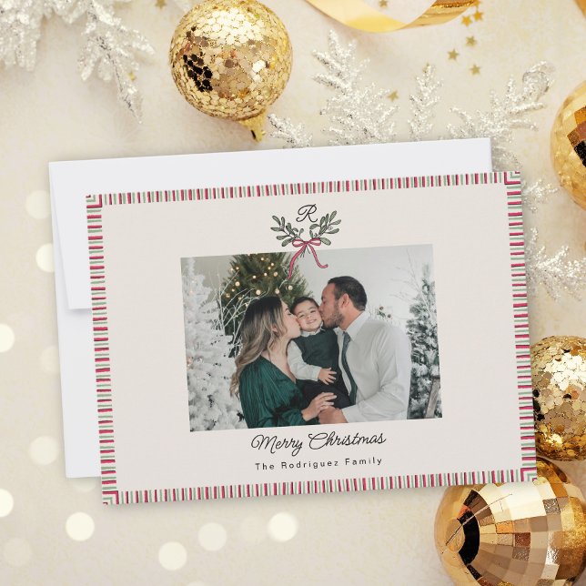Preppy Holiday Card with Monogram and Family Photo (Criador carregado)