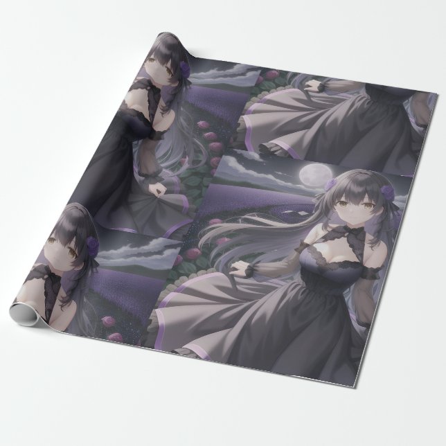 Presente Anime papel de enrolamento preto e roxo (Desenrolado)