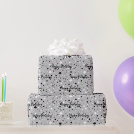 Presente Aniversário Estrelas No Papel De Embalagem De Cinz