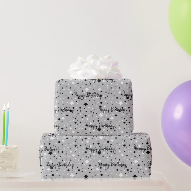 Presente Aniversário Estrelas No Papel De Embalagem De Cinz (Presentes para festas)