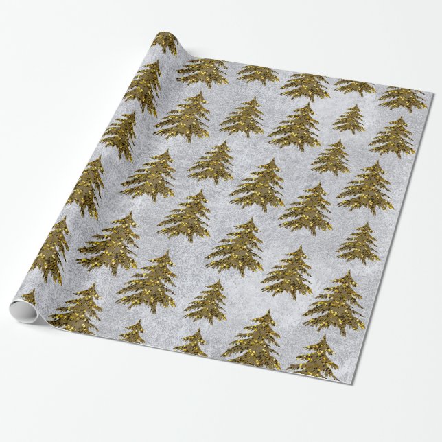 Presente Árvore de Natal de ouro cintilante em papel pratea (Desenrolado)