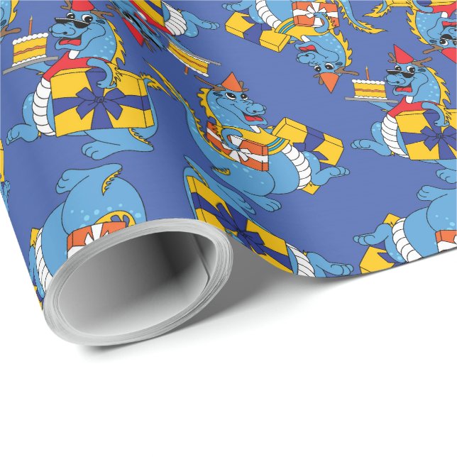 Presente Azul Dragão - Papel de Embalagem de Aniversário (Ponta do rolo)